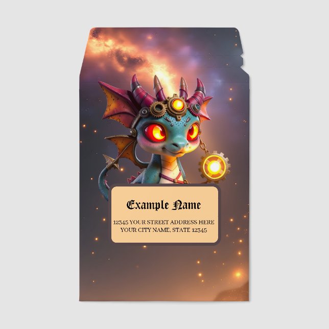 Tiny Dragon, Big Time Energy – The Ember Clockling Envelope Mailers (Front)
