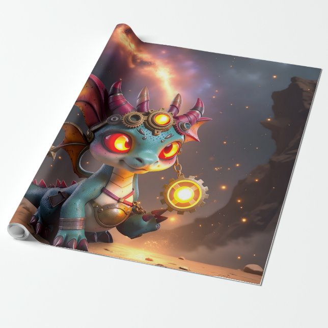 Tiny Dragon, Big Time Energy – The Ember Clockling Wrapping Paper (Unrolled)