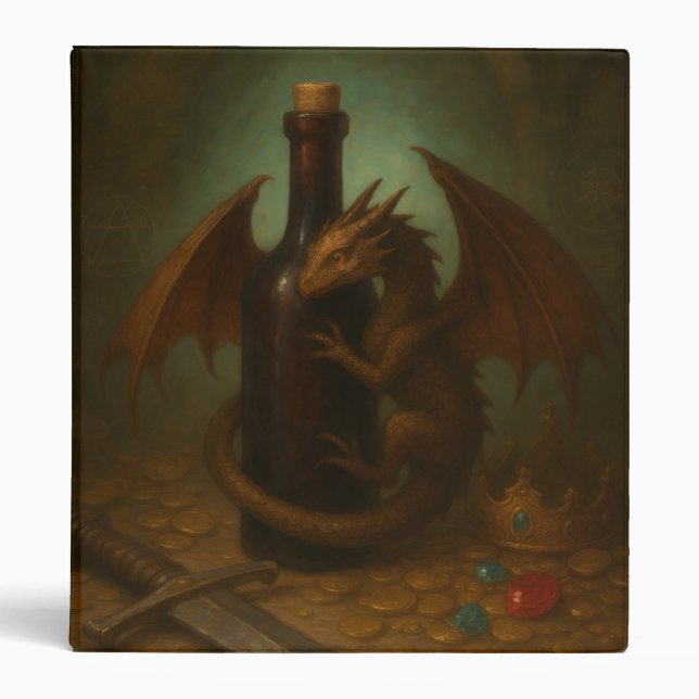 Tiny dragon hugging a wine bottle fantasy art 3 ring binder (Front)