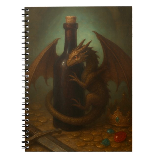 Tiny dragon hugging a wine bottle fantasy art notebook (Front)