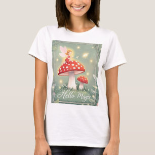 Tiny fairy perched on top of mushroom and glowing