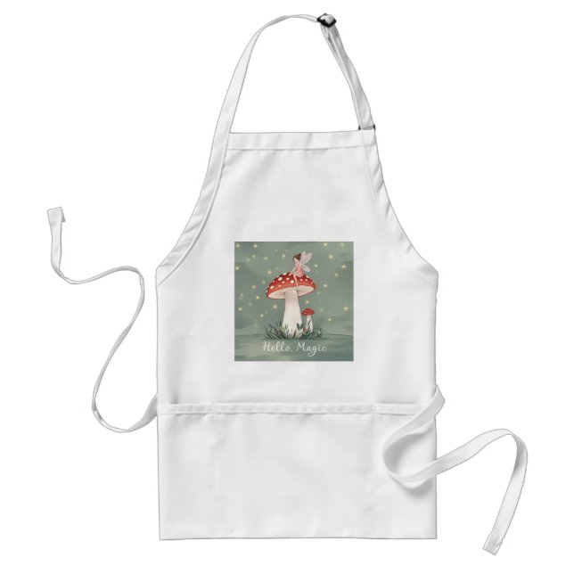 Tiny fairy perched on top of mushroom and glowing  adult apron (Front)
