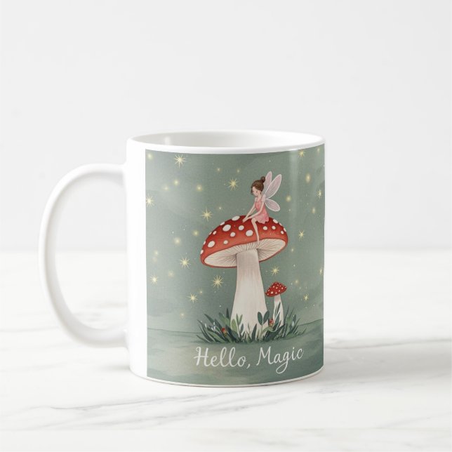 Tiny fairy perched on top of mushroom and glowing  coffee mug (Left)