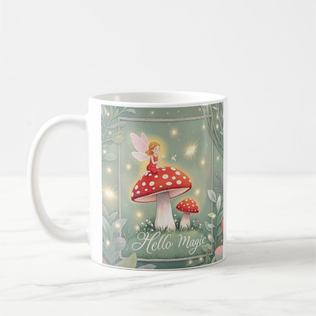 Tiny fairy perched on top of mushroom and glowing  coffee mug (Left)
