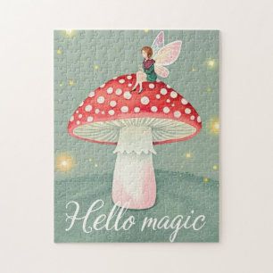 Tiny fairy perched on top of mushroom and glowing jigsaw puzzle