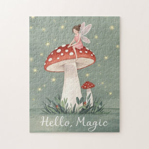 Tiny fairy perched on top of mushroom and glowing  jigsaw puzzle