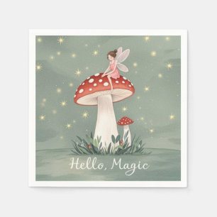 Tiny fairy perched on top of mushroom and glowing napkins