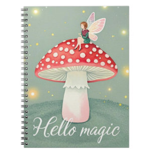 Tiny fairy perched on top of mushroom and glowing  notebook