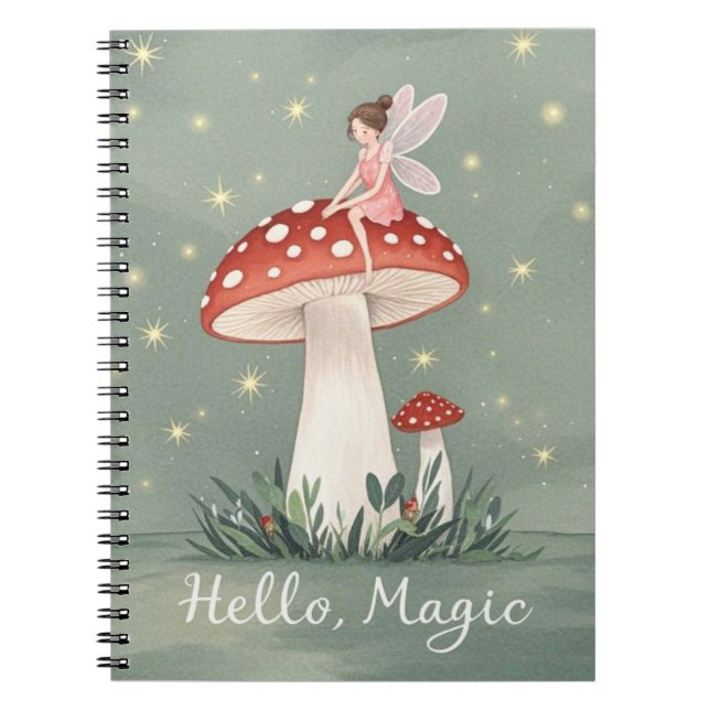 Tiny fairy perched on top of mushroom and glowing  notebook (Front)