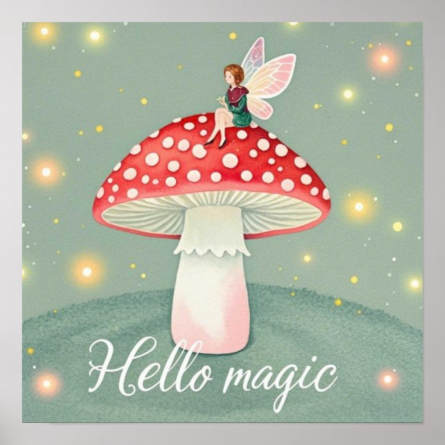 Tiny fairy perched on top of mushroom and glowing  poster (Front)