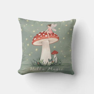 Tiny fairy perched on top of mushroom and glowing  throw pillow