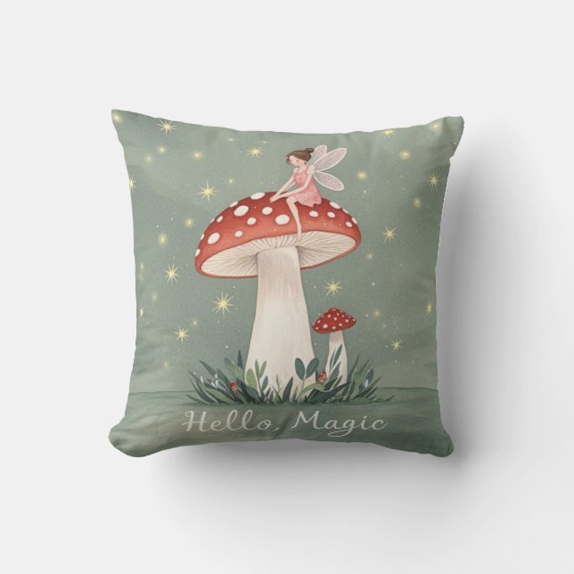 Tiny fairy perched on top of mushroom and glowing  throw pillow (Front)