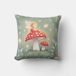 Tiny fairy perched on top of mushroom and glowing throw pillow
