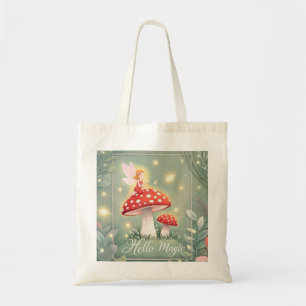 Tiny fairy perched on top of mushroom and glowing  tote bag