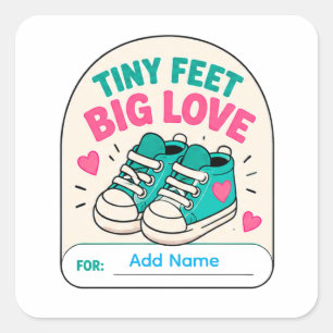 👟 Tiny Feet Big Love Baby Shower Name 👟 Square Sticker