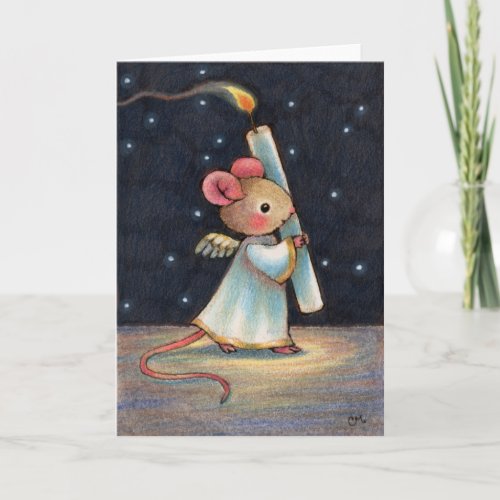 Tiny Flame - Cute Christmas Angel Mouse Art Holiday Card