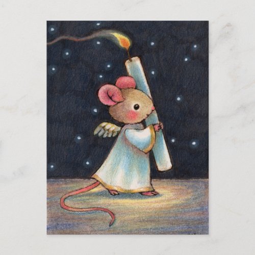 Tiny Flame Cute Christmas Angel Mouse Art Holiday Postcard