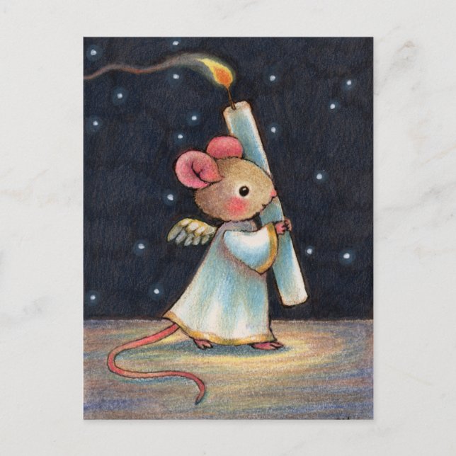 Tiny Flame - Cute Christmas Angel Mouse Art Holiday Postcard (Front)