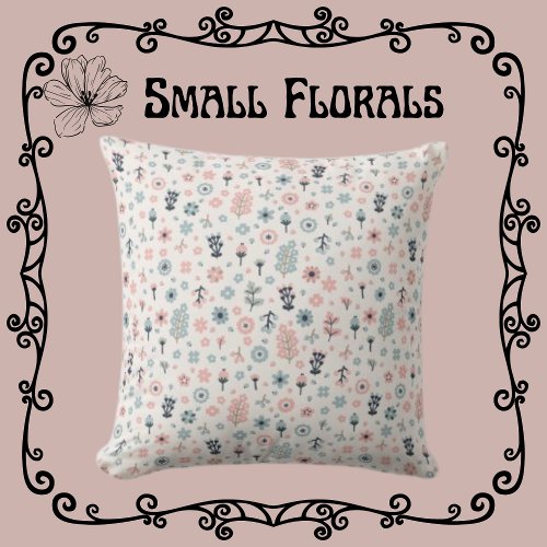 Tiny Florals Pink  Blue on Cream  Throw Pillow
