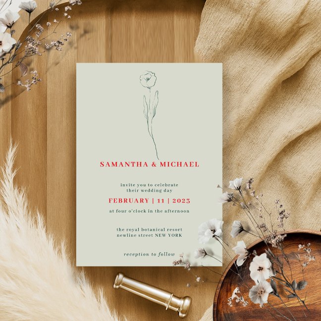 Tiny Flower Green Red Boho Indie Botanical Invitation