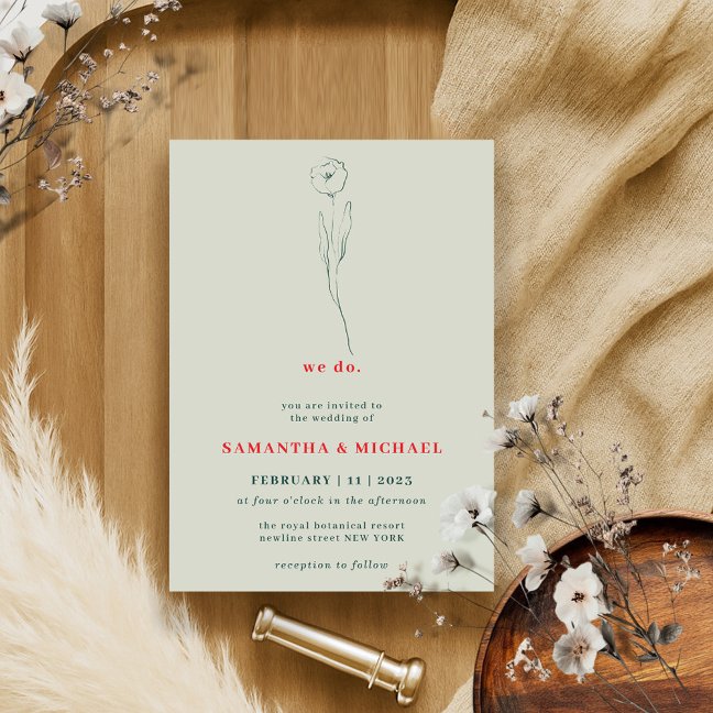 Tiny Flower Green Red Boho Indie Botanical we do Invitation
