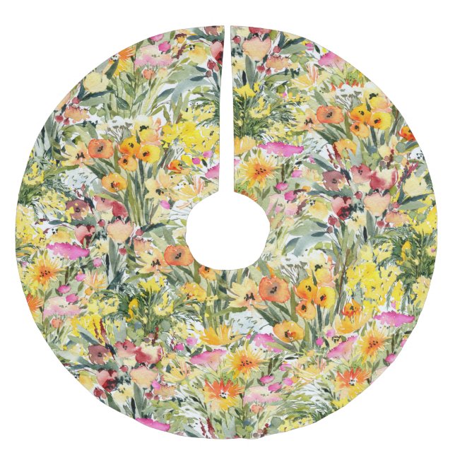 Tiny Flowers Field: Bright Watercolor. Brushed Polyester Tree Skirt (Front)