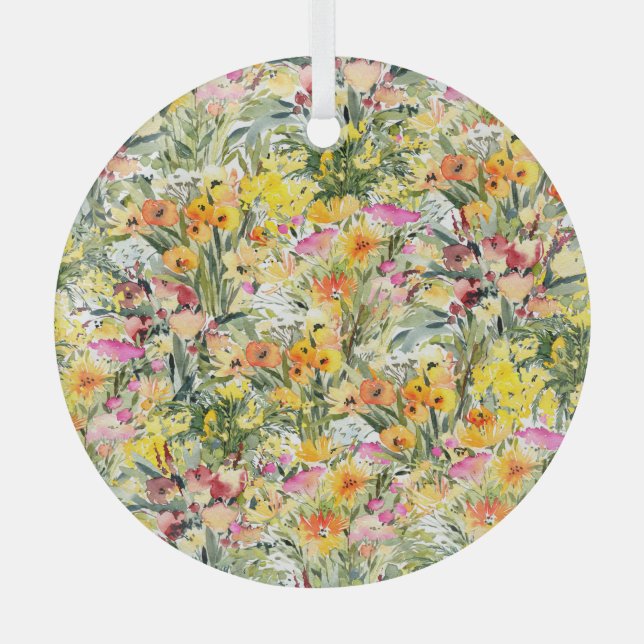 Tiny Flowers Field: Bright Watercolor. Glass Ornament (Front)