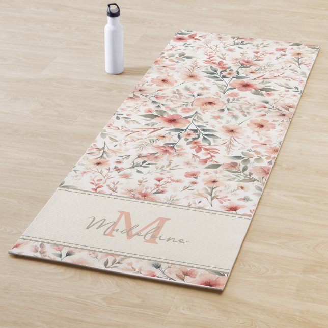 Tiny Flowers Rustic Coral Pattern Name Monogram Yoga Mat (In Situ)