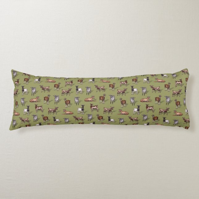 Tiny Goats on Green - Goat Herd Pattern Body Pillow (Front)