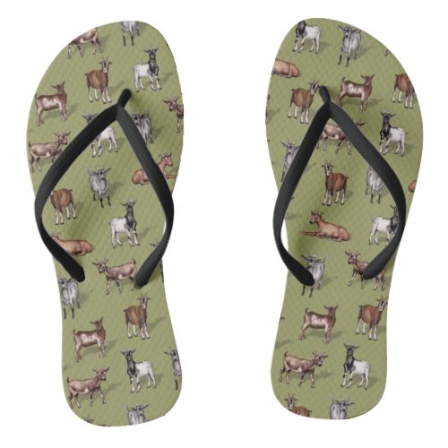 Tiny Goats on Green _ Goat Herd Pattern Flip Flops