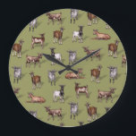 Tiny Goats on Green - Goat Herd Pattern Large Clock<br><div class="desc">This wall clock features a herd of tiny goats in all different colors on a muted green background.</div>
