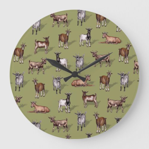 Tiny Goats on Green _ Goat Herd Pattern Large Clock