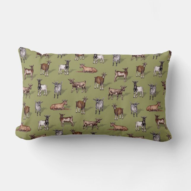 Tiny Goats on Green - Goat Herd Pattern Lumbar Pillow (Front)