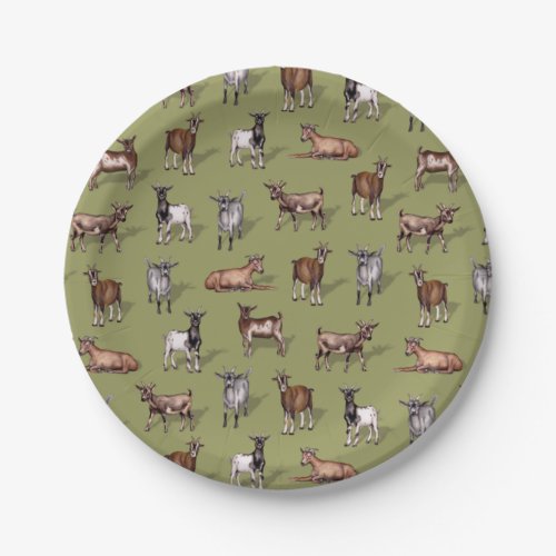 Tiny Goats on Green _ Goat Herd Pattern Paper Plates