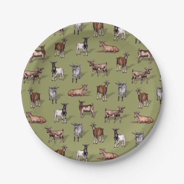 Tiny Goats on Green - Goat Herd Pattern Paper Plates (Front)