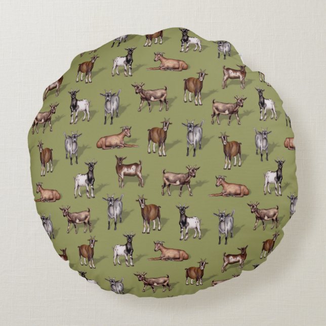 Tiny Goats on Green - Goat Herd Pattern Round Pillow (Back)
