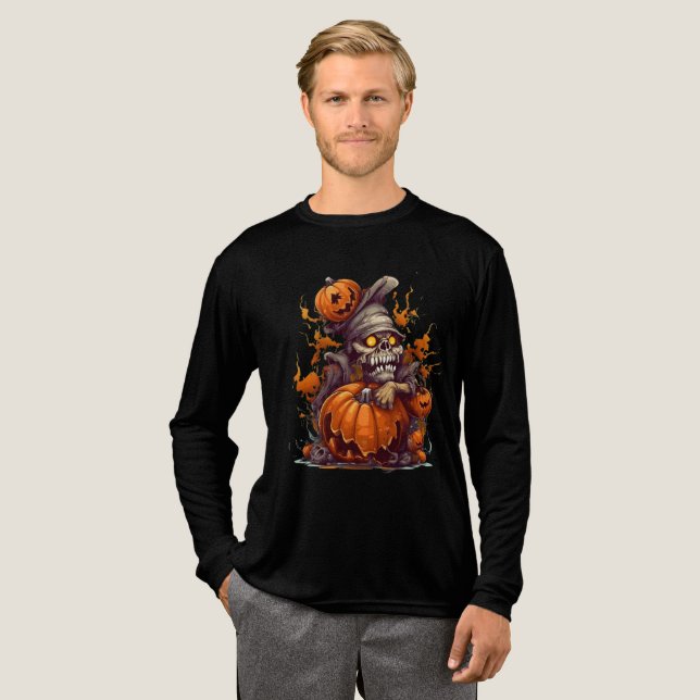Tiny Goblin Skeleton Pumpkin Halloween Tri-Blend Shirt (Full Front)