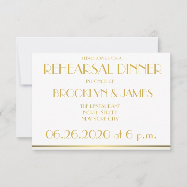 Tiny Gold Great Gatsby Wedding Rehearsal Invites (Front)