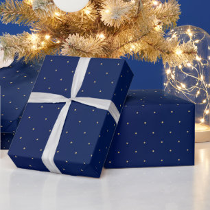 Tiny Gold Polka Dots and Navy Blue Satin Wrapping Paper