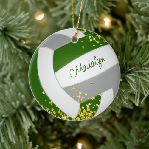 tiny gold stars accent green gray volleyball ceramic ornament