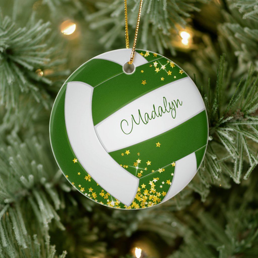 tiny gold stars green volleyball player keepsake ceramic ornament