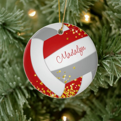 tiny gold stars red gray volleyball girls name ceramic ornament