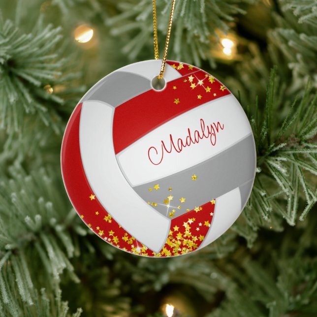 tiny gold stars red gray volleyball girls name ceramic ornament (Tree)