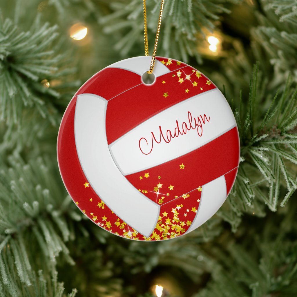 tiny gold stars red volleyball commemorative year ceramic ornament