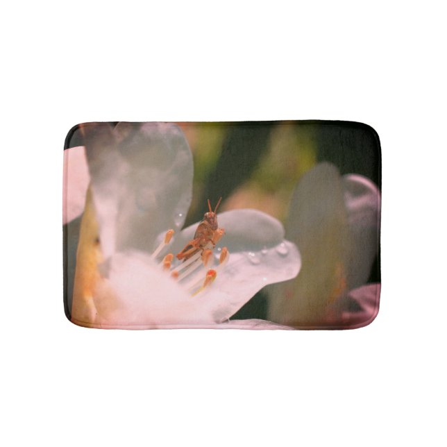 Tiny Grasshopper On White Azalea Flower   Bath Mat (Front)