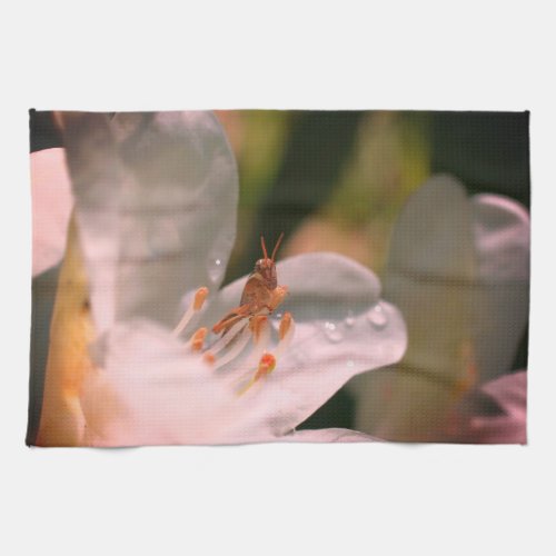 Tiny Grasshopper On White Azalea Flower  Kitchen Towel