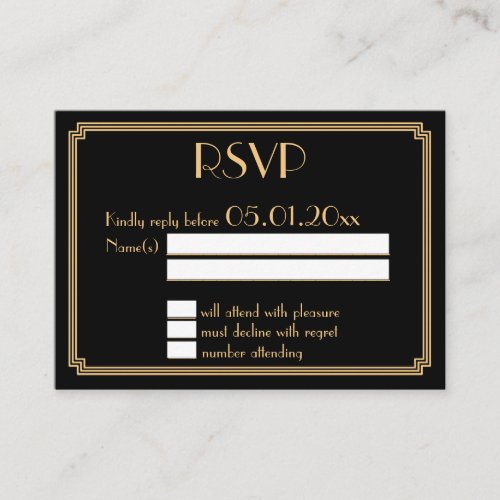Tiny Great Gatsby Art Deco Black Gold Wedding RSVP Enclosure Card
