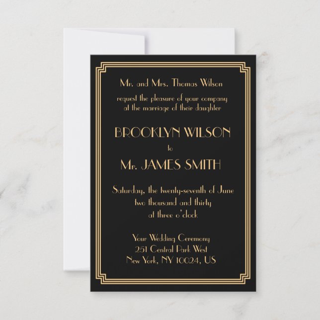 Tiny Great Gatsby Art Deco Black Wedding Invites (Front)