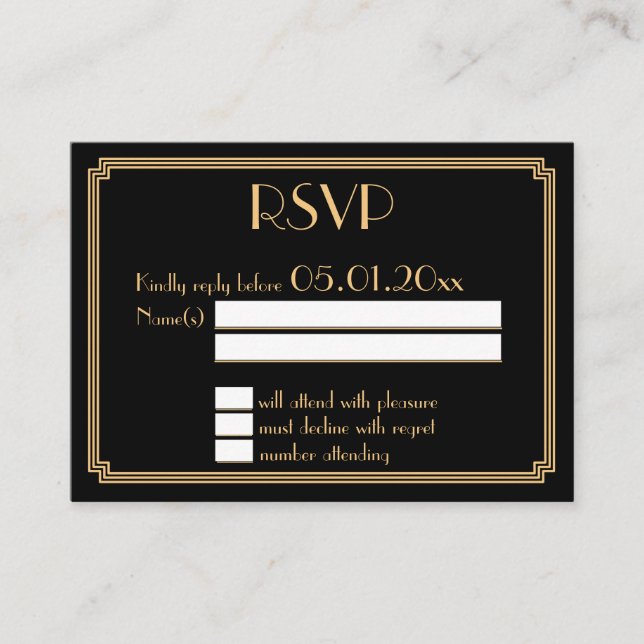Tiny Great Gatsby Art Deco Black Wedding RSVP Enclosure Card (Front)