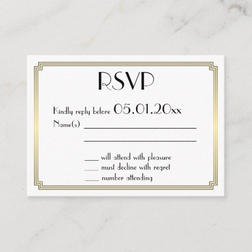 Tiny Great Gatsby Art Deco Gold White Wedding RSVP Enclosure Card